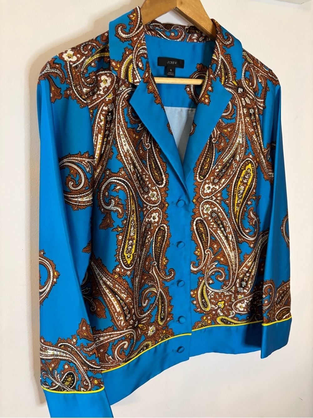 J. Crew Turquoise and Brown Paisley Satin Button-Front Blouse
